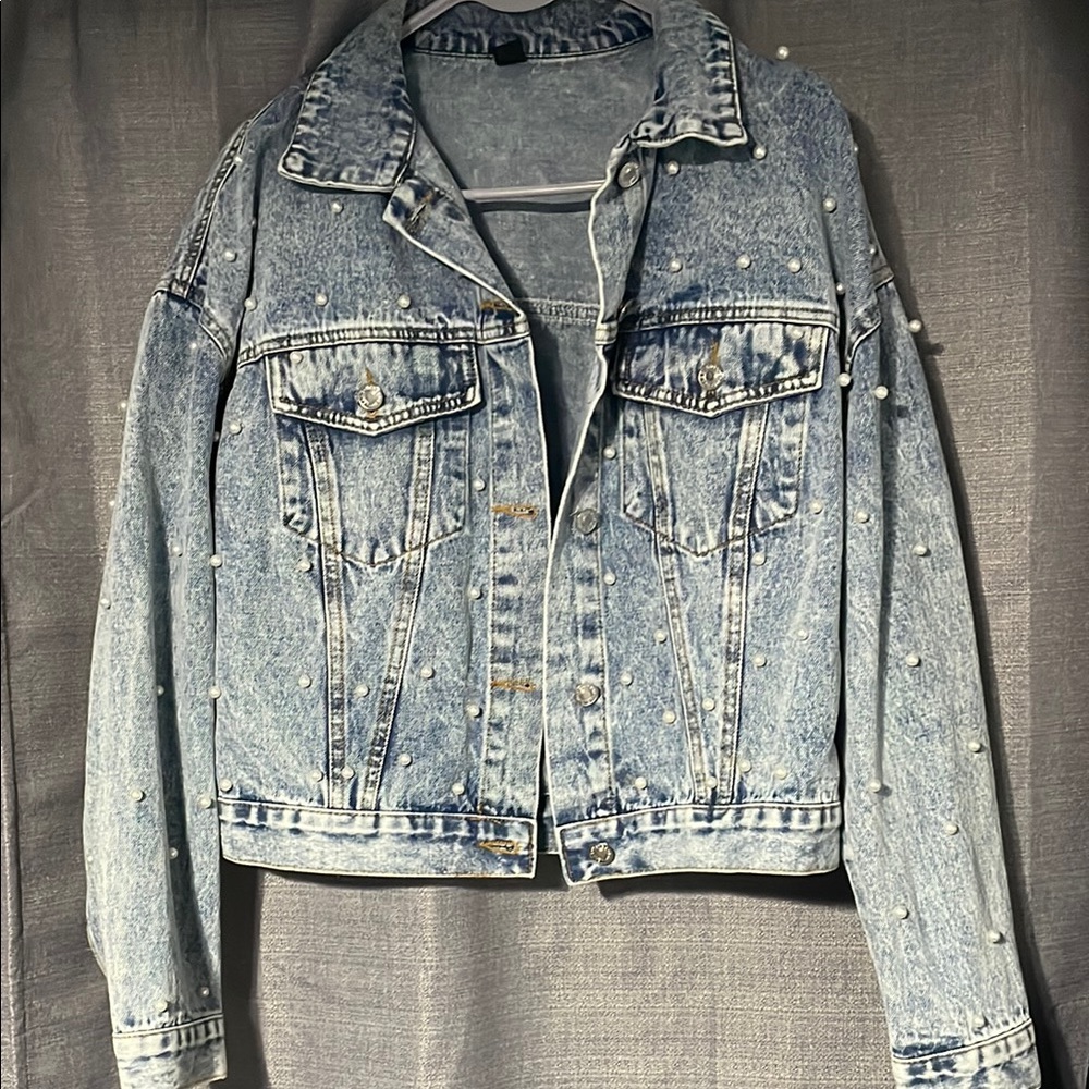 Women's Blue Denim Jacket with Pearl Accents